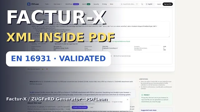 Video thumbnail: Create Factur-X / ZUGFeRD E-Invoices from PDF — Free